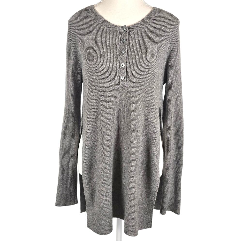 White + Warren Women Large 100% Cashmere Gray Henley Sweater Preppy Coastal Cozy